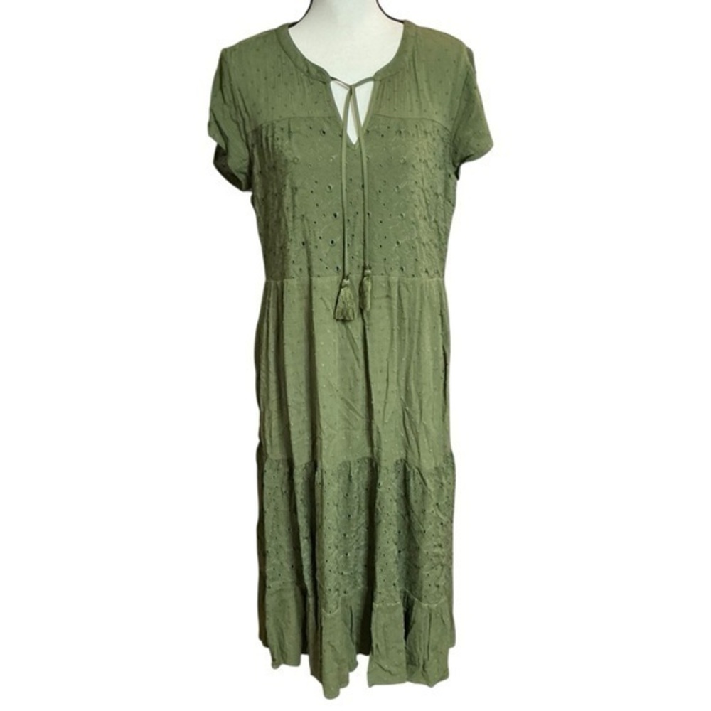 Kate & Sam Olive‎ Midi Dress with Chest Tie Detail Tiered Eyelet Short Sleeve